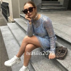 ZARA Powder baby blue EVERYTHING Sequin Dress